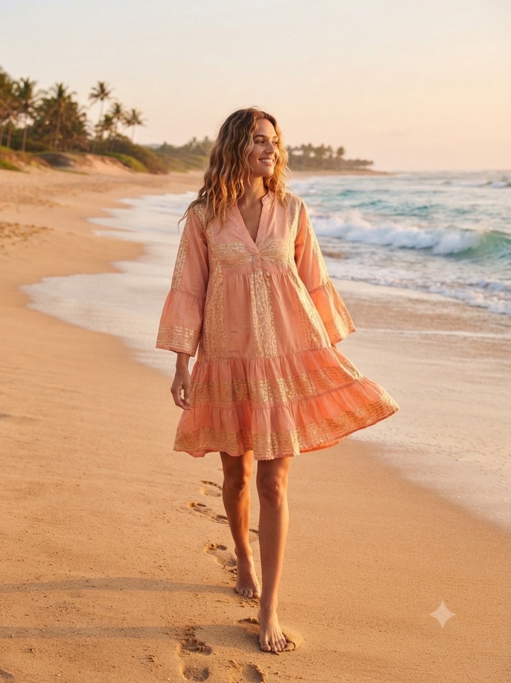 Debbie Katz Peach Ombré Gold Metallic-Trim Beach Cover-Up Dress Sundress